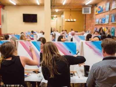 Guests in a Painting with a Twist studio are viewed from the back as they all work on some version of a canvas with diagonal stripes of blues and pinks in the upper right-hand corner.